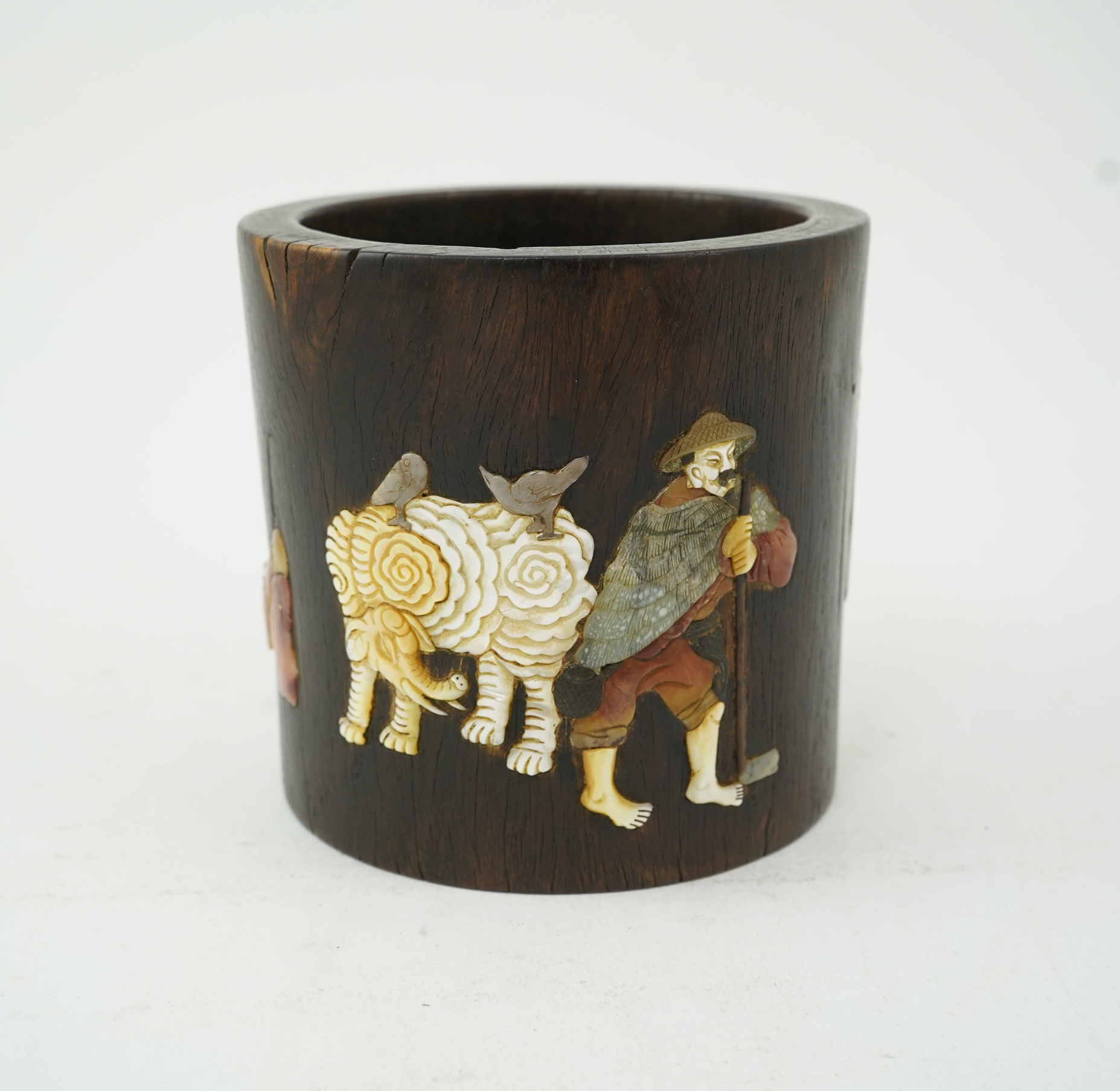 A Chinese soapstone and mother-of-pearl inlaid hardwood brushpot, possibly zitan